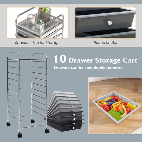 GiantexUK 10/20 Drawers Rolling Trolley, Multipurpose Utility Storage Organizer Cart with Wheels, Home Office Hairdressing Salon Shelving Organizer Unit (10 Drawers, Gradient Black) - Image 4