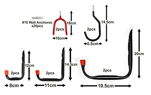 10x Wall-Mounted Garage Hooks - 30pc Assortment Set for Home Use Hanging & Storing Tools Bikes Ladders Garden and Cleaning Equipment in Garages House