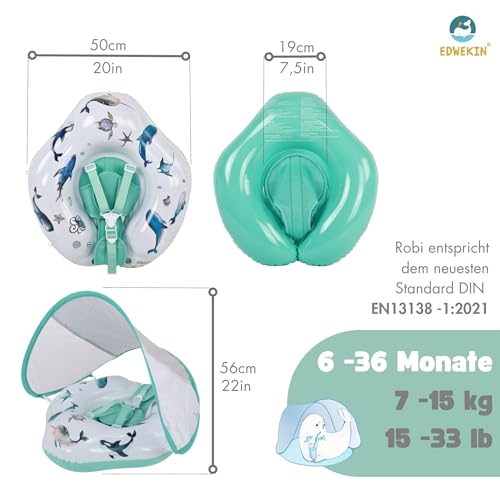EDWEKIN® Baby Schwimmring 2026 mit Eltern-Zugleine – Mehr Sicherheit & Wasserspaß | TÜV geprüft | Premium Baby Float mit UPF50+ Sonnendach, Netzstoffgurt & handgemalten Motiven | 6–36M| Mitwachsend