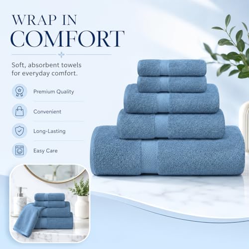 Image of Sulfar 100% Combed Cotton, 6 Pcs Towel Set - 2 Bath Towels (70 x 140 cm), 2 Hand Towels (40 x 70 cm) and 2 Face (30 x 30 cm) (600 GSM, Pack of 6) Dark Blue
