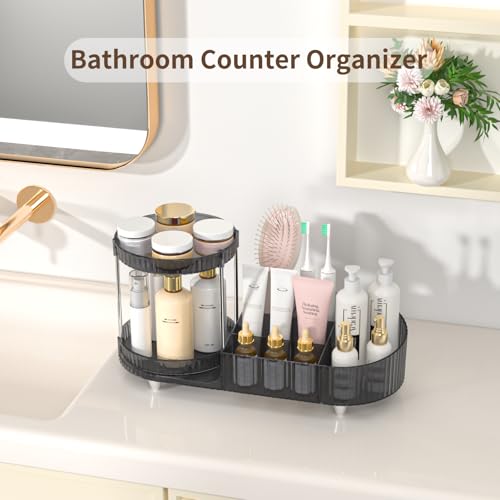 Image of Makeup Organizer Countertop for Vanity, 360 Rotating Perfume Tray with 5-compartment Cosmetic and Skincare Organizers, Multi-Purpose Desk Storage Makeup Brush Holder for Bathroom Bedroom Counter
