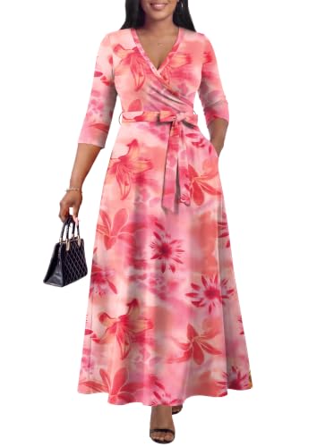 Image of FANDEE Plus Size Maxi Dress for Women Casual Summer Sundress V-Neck 3 /4 Sleeve