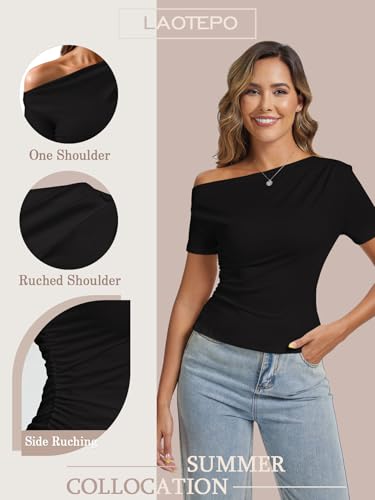 Off The Shoulder Tops for Women Going Out Summer Top Trendy Short Sleeve T Shirts Sexy Asymmetrical Blouses2