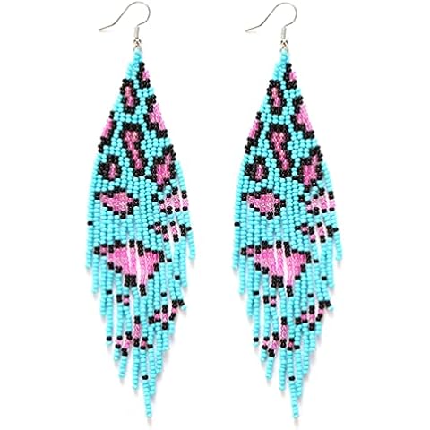 Luluping Native Beaded Tassel Earrings – Bohemian Big Native Statement Seed Bead Dangle Earrings for Women, Boho Large Statement Handmade Beaded Drop Fringe Earrings (Blue) Cover