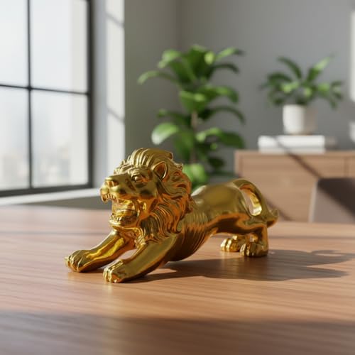 Image of HindCraft Golden Lion Showpiece for Home Decor | Feng Shui Lion Statue for Wealth, Success & Office Table Decoration