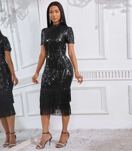 Image of Cololura Sexy Elegant Women Sequin Long Sleeve Tassel Bodycon Midi Dress Party Evening Gown Formal Dress
