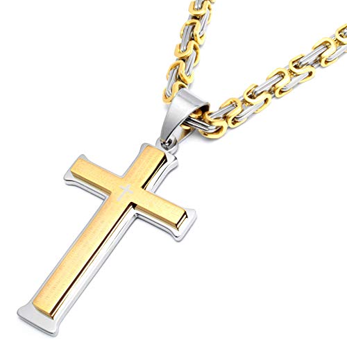 Schmuck-Checker Halskette mit Kreuz Anhänger aus 316L Edelstahl in Silber Gold Schwarz Blau Königskette Herrenschmuck Herrengeschenk Männer (Silber & Gold)