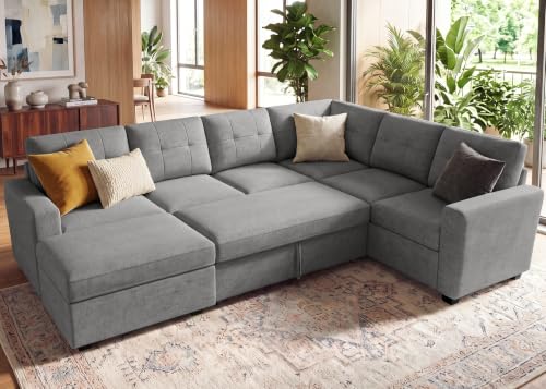 Image of HONBAY Sectional Sleeper Sofa with Pull Out Bed, 7 Seaters 106 Inch U Shaped Setional Couch for Living Room, Grey