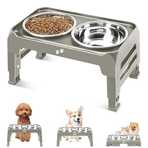 Elevated Bowls for Small Dogs – 3 Height Adjustable Raised Stand With 25oz Stainless Steel Food Bowls, Anti-Slip Feeder Adjusts to 7.5″, 6″, 2.75″, Light Brownish Gray