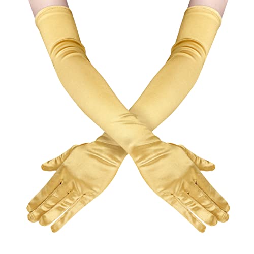 Lansian 22 Long Opera Satin Gloves Gold for Women Elbow Length 20s Costume Flapper Bridal Dance Gloves For Evening Party Gold