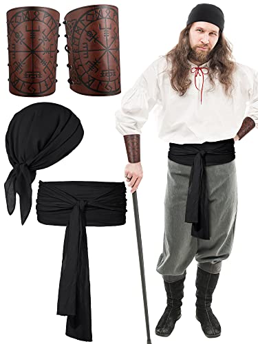 Bencailor 4 Pcs Halloween Pirate Costume for Men Women Pirate Bandana Sash Belt Hat Wrist Braces Halloween Masquerade(Medium,Brown, Black)