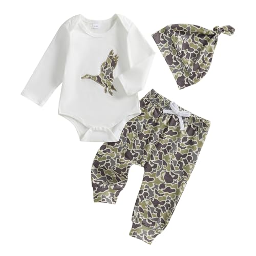 Image of DSOKUHIB Newborn Baby Boy Hunting Outfit Deer Mallard Duck Romper Jungle Camo Pants Set Hat 3 Piece Fall Winter Clothes