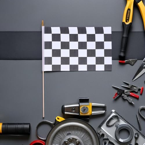 Drapeaux de départ à damier noir et blanc 24 pcs avec mât bois 40 cm pour sport
