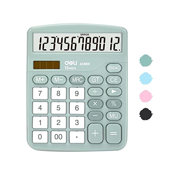 Calculator, Deli Standard Function Desktop Calculators with 12 Digit Large LCD Display and Sensitive Button, Solar Battery Dual Power Office Calculator, Green