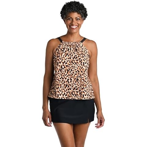 Maxine Of Hollywood Women's Standard High Neck Tankini Swimsuit Top, Natural//Lavish Lady Leopard Cover