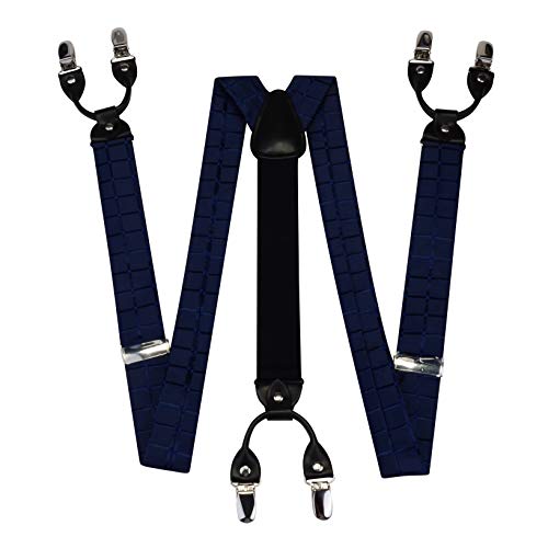 Image of GUSLESON Adjustable Plaid Floral 6 Clips Y Shape Suspenders Pre-tied Bow Tie and Pocket Square Set with Gift Box
