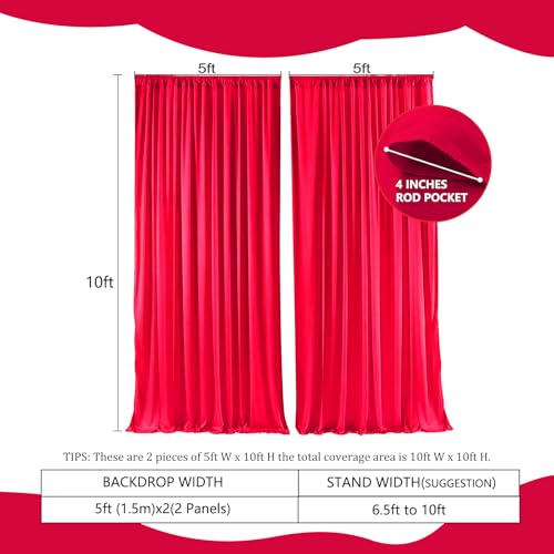 Image of 2 Panels Red Backdrop Curtain, 10 x 10 Feet Polyester Background Curtains for Parties, Weddings, Baby Showers, Halloween, Christmas, Birthday Party Photoshoot Backdrop Curtains Decorations