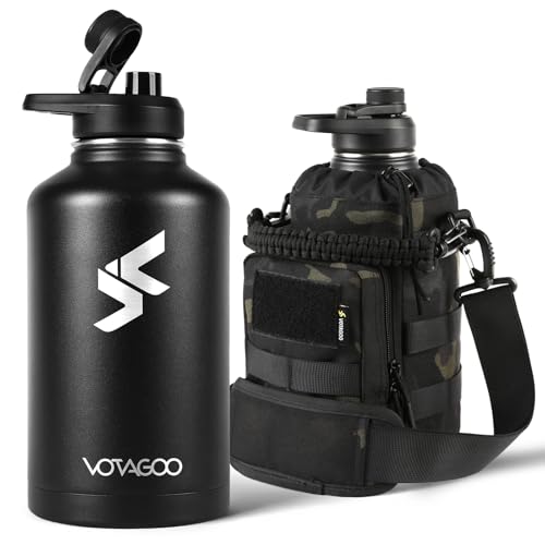 VOTAGOO GEAR 64Oz Tactical Water Bottle - Half Gallon Stainless Steel Insulated Water Bottle, Metal Military Bottle with Rugged, Removable Sleeve Tactical Carrier Bag for Hiking Camping Hunting