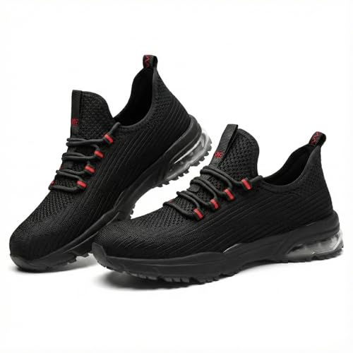 SPIEZ Zapatos de Seguridad para Hombre y Mujer, Zapatillas de Trabajo Ligeras con Puntera Composite, Antideslizantes y con Amortiguación de Aire, Negro/Rojo, EU 42