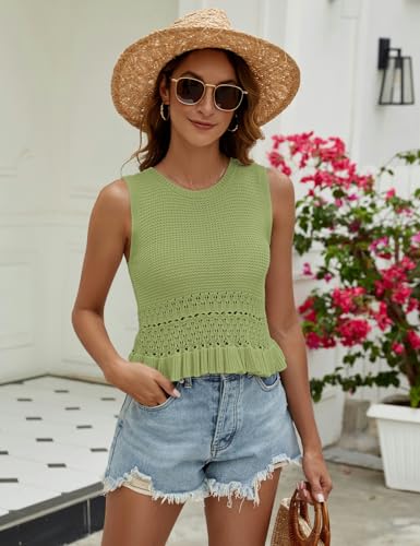 Image of VIMPUNEC Womens Crochet Crop Tank Tops Sleeveless Knit Sweater Vest Ruffle Hem Summer Top