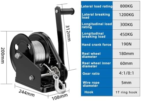 Wytrzymała ręczna wciągarka 816.5 kg z dwukierunkowym uchwytem zapadkowym i hakiem – kabel 20 m do przyczep, łodzi, ATV, UTV, trwała i łatwa w użyciu