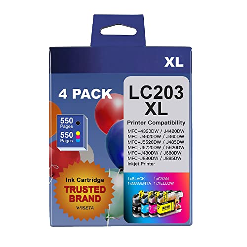 LC203XL High Yield Ink Cartridges Compatible with Brother LC203 LC203XL LC201 to use with MFC-J480DW MFC-J880DW MFC-J4420DW MFC-J680DW MFC-J885DW MFC-4320DW (Black Cyan Magenta Yellow, 4 Pack)