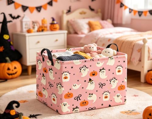 Image of Halloween Basket Cute Baskets for Kids Pumpkin Basket Rectangular Storage Bin Organizer Box Room Decor(Bowknot Ghost)