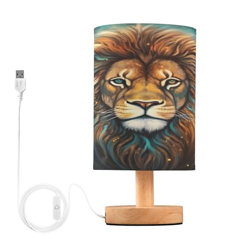 SDMKA Lion Painting Bedside Table Lamp for Bedroom, Minimalist Nightstand Lamp with Round Fabric Shade for Living Room, Office, No Bulb Required