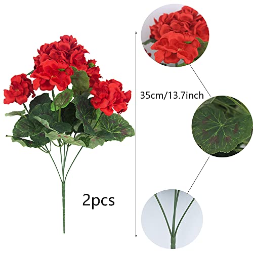 Ferial 2 Pcs Artificial Red Geranium Bush Faux Flowers Geraniums Silk Flowers Outdoor Plant Bush Red Geraniums For Floral Home Decor Indoor Garden Patio Grave Cemetary Vase Table Centerpiece #TOP1