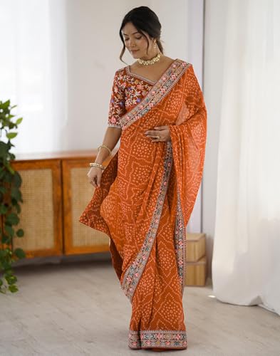 Image of SIRIL Women's Georgette Bandhani Printed Saree with Unstitched Blouse Piece