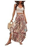BEAUDRM Women's Paisley Print Boho Pants Wide Leg Baggy Pants Elastic High Waisted Summer Lounge Beach Trousers Multicolor Large
