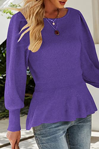 Image of Womens Fall Puff Sleeve Peplum Casual Slim Fit Knit Pullover Sweater Jumper Tops