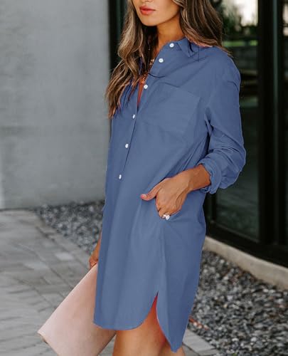 Image of Aoudery Womens Button Down Shirt Dresses with Pockets Cotton Button Up Tunics Long Sleeve Solid High Low Blouse Tops