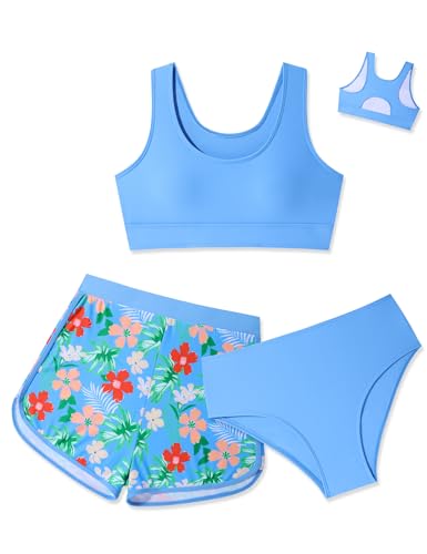 Girls Swimsuit 3 Piece Bikini Set with Shorts Tropical Floral Print Bathing Suit Girls' Swimwear 7-16T