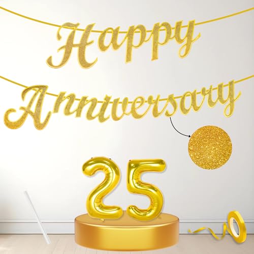 Image of Flyloons 25th Happy Anniversary Banner Gold Decorations Kit for Men Women Wedding Anniversary Banner Items without Balloons Silver Jubilee