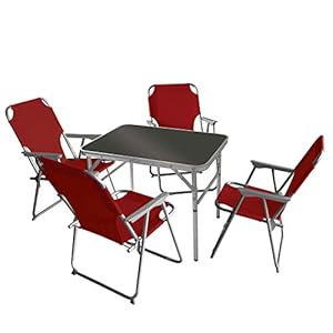 Wohaga 5tlg. Campingmöbel Set Klapptisch, Schwarz, Aluminium, 75x55cm + 4X Campingstuhl, Rot/Strandmöbel Campinggarnitur…