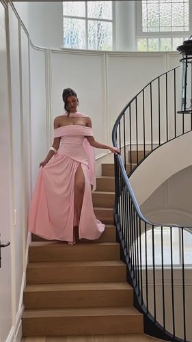 Off Shoulder Bridesmaid Dresses with Scarf Long Pleated Chiffon A-line Formal Evening Gowns with Slit4