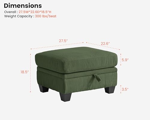 Image of CHIC HOUSE Modular Sectional Sofa with Storage Ottomans, Corduroy Cloud Couch for Small Spaces & Apartments, Reconfigurable L /U Shaped Convertible Corner Sofa, Green, Single Ottoman
