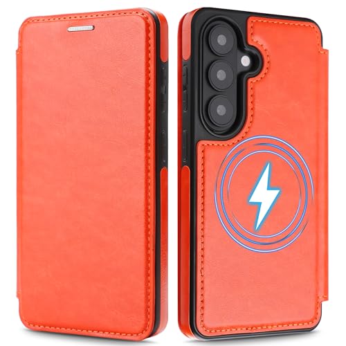 Étui portefeuille pour Samsung Galaxy S26 orange MagSafe avec fente cartes