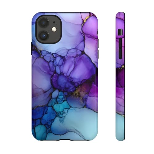 Coque iPhone 11 violet et bleu encre à l'alcool avec finition brillante haute résistance