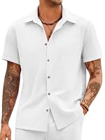 Runcati Mens Short Sleeve Button Up Shirts Linen Cotton Beach Tops Spread Collar Plain Summer T Shirt with Pocket White