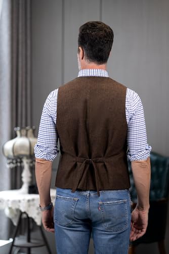 Image of SOLOVEDRESS Mens Vintage Classic Herringbone Pattern Suit Vest V Neck Casual Wool Blend Waistcoat for Men