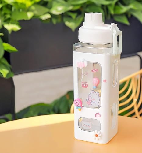 Image of Plastic Kawaii Water Bottle with Straw Cute Large Water Bottles with Kawaii Stickers Aesthetic Leakproof Square Drinking Bottle.700ML (White)