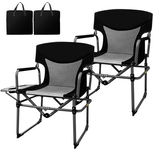 Romswi Director Chairs for Outdoor, Folding Camping Chair, Compact Directors Chair Side Table and Side Bag, Heavy Duty Oversize Seat for Beach Fishing Picnic Chairs, Holds up to 300 lbs Black 2 Pcs