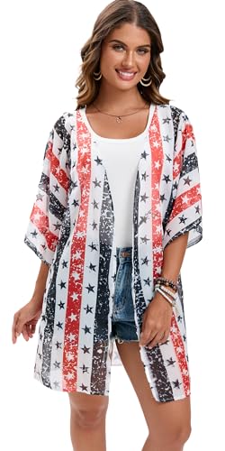 Image of DDSOL Women's American Flag Kimono Cover up Beachwear Cardigan Loose Tops Shirt Blouse