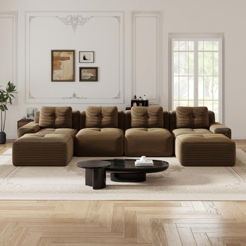 Image of 153 inch U-Shaped 4-Seater Modular Boneless Couch with 2 Ottomans, Premium Corduroy Upholstery, Deep Seat Cloud sectional Sofa, No Assembly Anti-Slip Design, Brown