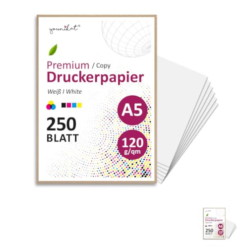 younikat DIN A5 Premium Kopierpapier I 120 g/m I 250 Blatt in weiß I 148 x 210 mm Blanko I für Druck Basteln Karten Rezeptpapier I geeignet für alle gängigen Laser- und Tintenstrahldrucker I dv1550