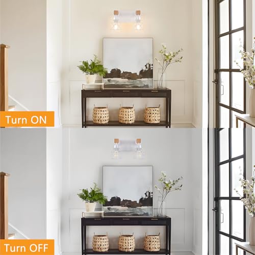 Image of FadimiKoo 2-Light White Bathroom Light Fixtures, Wood Bathroom Vanity Lighting Fixtures Over Mirror, Rustic Sconces Wall Lighting with Elegant Metal Lampshade for Living Room, Bedroom, Hallway