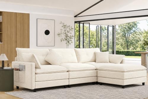Image of 107.3 inch L-Shaped Modular Sectional Sofa with Storage Ottoman, 3-Seat Deep Seat Corduroy Cloud Sofa with 4 Throw Pillows, Cloud Couch for Living Room, Bedroom, Apartment, Tool-Free Assembly, Cream