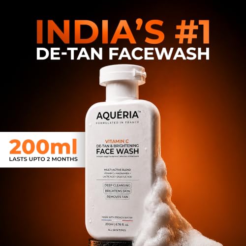 Image of Aqueria De-Tan & Brightening Vitamin C Face Wash | With Lactic Acid & Niacinamide | Deep Cleansing Face Cleanser for Tan Removal, Pigmentation, Dark Spots, Dull & Uneven Skin Tone | Brightens Skin & Gently Exfoliates | Non-Drying Formula for All Skin Types | 200ml | Men & Women Gentle Cleanser